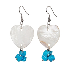 Stainless Steel Color Natural Shell Heart with Synthetic Turquoise Chips Dangle Earrings, 304 Stainless Steel Long Drop Earrings, Stainless Steel Color, 60~62x27mm