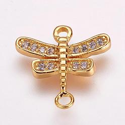 Golden Brass Micro Pave Cubic Zirconia Links, Dragonfly, Golden, 13x13.5x2mm, Hole: 1mm