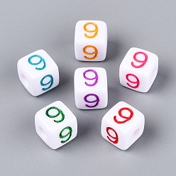 Number Непрозрачные акриловые европейские большие бусины, куб с числа 9, с эмалью, число, 9.5~10x9.5~10x9.5~10 мм, отверстие : 4 мм