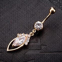 Transparent Messing Zirkonia Nabel Ring, Bauchringe, mit 304 Edelstahlleiste, cadmiumfrei und bleifrei, echt 18 k vergoldet, Pferd Auge, Transparent, 50x13 mm, Stange: 15 Spurweite(1.5mm), Stangenlänge: 3/8"(10mm)