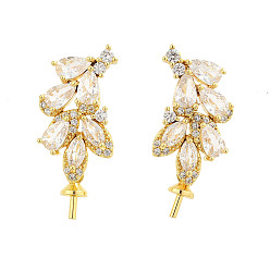 Золотой Латунные микро-паве прозрачные серьги-гвоздики из циркония, стойки покрытие, долговечный, без свинца и без кадмия, золотые, 24x11 мм, контактный: 0.7 мм и 11 мм