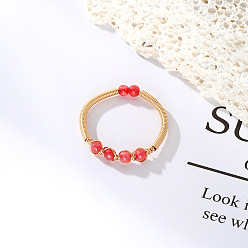 Orange Red Dyed Natural Jade Round Braided Bead Style Finger Ring, Light Gold Brass Wire Wrap Cuff Ring, Orange Red, Inner Diameter: 19mm