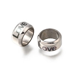 Нержавеющая Сталь Цвет 304 из нержавеющей стали крупные бусины отверстие, плоские круглые со словом "love", цвет нержавеющей стали, 11.5x5.5 мм, отверстие : 9 мм