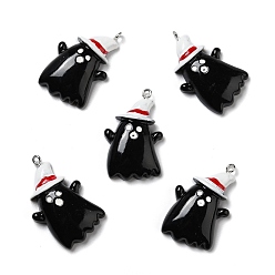 Black Halloween Opaque Resin Pendants, with Platinum Tone Iron Loops, Ghost with Hat, Black, 34.5x21x7mm, Hole: 2mm