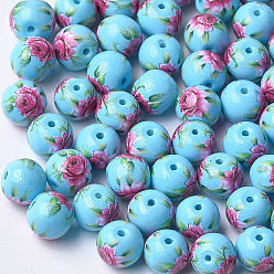 Светло-Голубой Печатные и окрашенные стеклянные шарики, круглые с цветочным узором, Небесно-голубой, 8~8.5x7.5 мм, отверстие : 1.4 мм