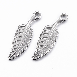 Stainless Steel Color Tarnish Resistant 304 Stainless Steel Pendants, Leaf, Stainless Steel Color, 26x7.5x2.5mm, Hole: 2mm
