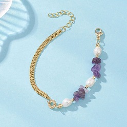 Аметист Браслеты из бусин с натуральным аметистом, латунные многослойные браслеты из цепочек-панцирей для женщин, с натуральным культивированным пресноводным жемчугом, 7-1/4~7-3/8 дюйм (18.4~18.8 см)