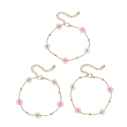 Бледно-Розовый Браслеты из искусственного жемчуга из стекла и АБС-пластика, 304 браслеты из нержавеющей стали с цепочками для женщин, цветок, розовый жемчуг, 7-3/8 дюйм (18.7 см), удлинитель 50мм