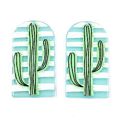 Pale Turquoise Translucent Acrylic Pendants, 3D Printed, Half Oval with Cactus, Pale Turquoise, 39x21x2.5mm, Hole: 1.6mm
