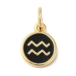 Черный Настоящие золотые латунные эмалевые брелоки 18 k, с целью перехода в кольце, долговечный, без свинца и без кадмия, плоский круглый с подвесками в виде Водолея, чёрные, 10x8x1 мм, отверстие : 4 мм