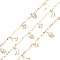 Real 18K Gold Plated Brass Cable Chains, with Moon and Star & CCB Plastic Pearl Charms, Soldered, with Spools, Cadmium Free & Lead Free, Real 18K Gold Plated, Link: 2.5x2x0.2mm