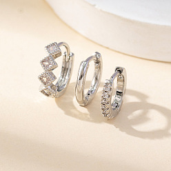 Платина 3шт. серьги-кольца из латуни с микропаве из прозрачного кубического циркония в форме ромба, платина, 12 мм, 3 шт / комплект