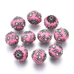 Perle rosa Runde Perlen mit handgefertigten Indonesien, mit Strass und Legierungskerne, Antik Silber Farbe, Perle rosa, 16~17x15~16 mm, Bohrung: 1~2 mm