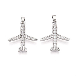 Платина Латунные микро проложить кубического циркония подвески, без кадмия и без свинца, прелести самолета, платина, 24x21x3.5~4 мм, отверстие : 3x5 мм