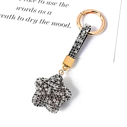 Jet PU Leather & Rhinestone Keychain, with Alloy Spring Gate Rings, Star, Jet, 13x4.5cm