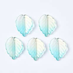 Pale Turquoise Two Tone Spray Painted Glass Pendants, with Glitter Gold Powder, Leaf, Pale Turquoise, 23.5x17.5x4.5mm, Hole: 1mm