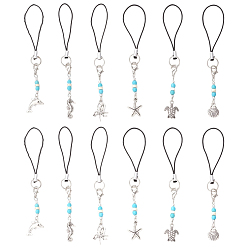 Mixed Shapes 5 сумки с морской тематикой, сплав, мобильные ремни, с нейлоновым шнуром и синтетическими бирюзовыми бусинами, старинное серебро и платина, разнообразные, 105~114.5 мм, 6 шт / пакет