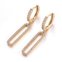 Golden Brass Leverback Earrings, with Cubic Zirconia, Oval, Clear, Golden, 39mm, Pin: 1mm