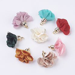Mixed Color Cloth Flower Pendants Decoration, with Plastic Findings, Mixed Color, 26~29x26~30mm, Hole: 1.5mm