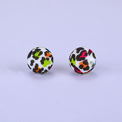 Colorful Printed Round with Leopard Print Pattern Silicone Focal Beads, Colorful, 15x15mm, Hole: 2mm