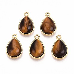 Тигровый глаз Подвески-капли из натурального тигрового глаза, 201 из нержавеющей стали амулеты падение, реальный 18 k позолоченный, ионное покрытие (ip), 19.5x12x6~6.5 мм, отверстие : 1.6 мм