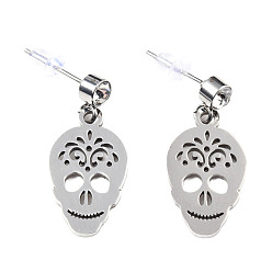 Stainless Steel Color 201 Stainless Steel Dangle Stud Earrings, with Clear Cubic Zirconia, Skull, Stainless Steel Color, 24mm, Pin: 0.8mm