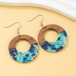 Плоский Круглый Серьги-подвески из дерева и смолы, платина, плоско-круглые, 59.6x37.8 мм