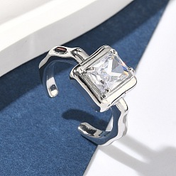 Прозрачный Латунная манжета с открытыми кольцами из кубического циркония/стекла, прямоугольные, без кадмия и без свинца, долговечный, стойки покрытие, платина, прозрачные, 11.5 мм, размер США 7 1/4 (17.5 мм)