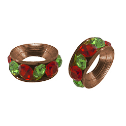 Разноцветный Латунные бусины разделители для поставки стразов, класс А, рондель, Красный цвет металлической меди, красочный, 9x4 мм, отверстие : 4 мм