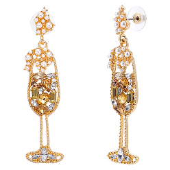 Золотой 1пара серег-гвоздиков из сплава со стразами, с пластиковой имитационной жемчужиной, бокал, золотые, 63.5x14.5 мм