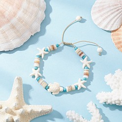 (404) Непрозрачное AB Кислое яблоко Синтетическая бирюза и натуральные пресноводные ракушки плетеные браслеты из бусин для женщин, морская черепаха и морская звезда, цветочный белый, внутренний диаметр: 1-3/4~2-7/8 дюйм (4.55~7.45 см)