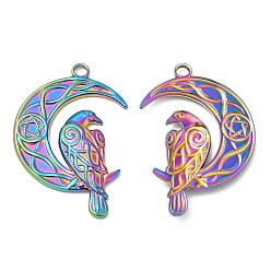 Rainbow Color 304 подвески из нержавеющей стали, луна с подвеской в виде птицы, Радуга цветов, 36x24x3 мм, отверстие : 3 мм