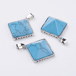 Синтетическая Бирюза Синтетические бирюзовые подвески, с латунной найти, пирамида, платина, 28.5x32x13 мм, отверстие : 3.5x6 мм
