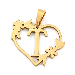 Letter T Ионное покрытие (ip) 201 подвески из нержавеющей стали, сердце с подвесками в виде букв, золотые, Письмо T, 23x25x1.5 мм, отверстие : 7.5x3.5 мм