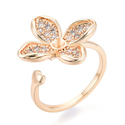 Настоящее золото 18K Оправы для колец-манжет из цветочной латуни с микропаве из прозрачного кубического циркония, за половину пробурено бисера, без кадмия, без никеля и без свинца, реальный 18 k позолоченный, штифты : 0.8 мм, 19.9 мм, размер США 7 1/4 (17.5 мм)