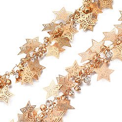 Golden Brass Cable Chains, with Star and Crystal Rhinestone Charms, Soldered, with Spool, Cadmium Free & Nickel Free & Lead Free, Golden, 5x3x0.5mm