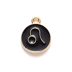 Leo Alloy Enamel Pendants, Cadmium Free & Lead Free, Flat Round with Constellation, Light Gold, Black, Leo, 22x18x2mm, Hole: 1.5mm