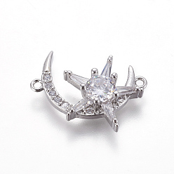 Платинированный Латунные микро проложить кубических ссылки циркония, долговечный, без свинца, без кадмии и без никеля, Луна и звезды, прозрачные, Реальная платина, 14.5x21.5x5.5 мм, отверстие : 1.2 мм
