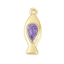 Púrpura Colgantes de latón, encantos de pescado, con esmalte, sin plomo y cadmio, chapado en rack, larga duración plateado, real 18 k chapado en oro, púrpura, 20x7x2.5 mm, agujero: 1.5 mm