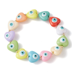 Colorful Resin Heart with Evil Eye Beaded Stretch Bracelets, Colorful, Inner Diameter: 2-1/8 inch(5.3cm)