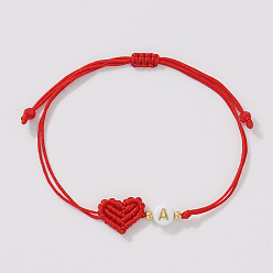 Letter A Браслеты из плетеных бусин из латуни и смолы, Регулируемые браслеты из волоконного шнура в форме сердца для женщин, плоские круглые с буквы, буква a, 11.02 дюйм (28 см)