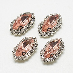 Урожай Роуз Шить на горный хрусталь, многожильных ссылки, стекло горный хрусталь, с латунной фурнитурой , аксессуары для одежды, лошадиный глаз , платина, Урожай вырос, 39x21x9 мм, отверстие : 1.5 мм