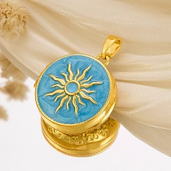 Золотой Латунь эмаль Locket подвески, плоские круглые с солнцем, золотые, золотые, 20.5x19x8.5 мм, отверстие : 5x2 мм, внутренний диаметр: 14 мм