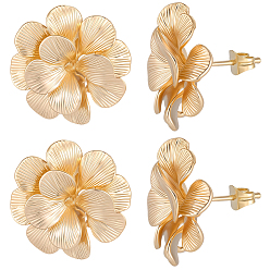 Real 18K Gold Plated 5 Pairs Brass Stud Earring Findings, with Loop, Flower, Real 18K Gold Plated, 22x22.5mm, Hole: 1.6mm, Pin: 0.8x11.5mm