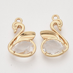 Light Gold Eco-Friendly Alloy Pendants, with Faceted Glass, Nickel Free, Swan, Clear, Light Gold, 20x12.5x4mm, Hole: 1.5mm