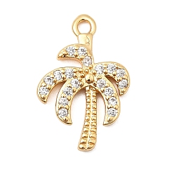 Настоящее золото 18K Латунные микропаве прозрачные подвески с фианитом, очарование кокосовой пальмы, без никеля , реальный 18 k позолоченный, 15.5x10.5x2 мм, отверстие : 1.2 мм