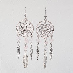 Розовый Кварц Естественно выросли болтаться серьги кварцевые, с металлическая фурнитурой, тканая сетка / паутина с серьгами из перьев, 95 мм, контактный, 0.6 mm