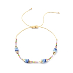 Dodger Blue Glass Seed Column Link Bracelet, Adjustable Bracelet for Women, Dodger Blue, Inner Diameter: 1-5/8~3-3/8 inch(4~8.55cm)
