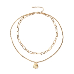 Golden PVD Vacuum Plating 304 Stainless Steel Double Chains Multi Layered Necklace with Shell Shape Charm for Women, Golden, 16.34 inch(41.5cm)