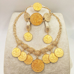 Золотой Браслет из плоских круглых звеньев из сплава, серьги-гвоздики, ожерелья с подвесками и комплекты колец, золотые, 475 мм